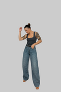 Sparkle Wide Leg Jeans Denim High Waist Rhinestone Embellished Women's