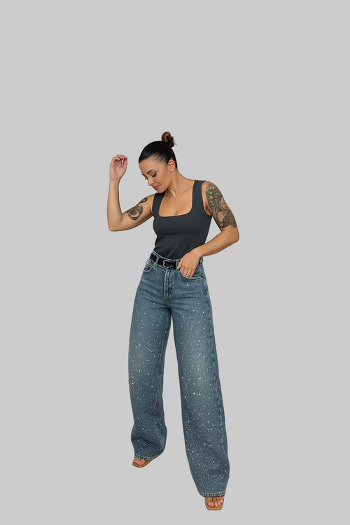 Sparkle Wide Leg Jeans Denim High Waist Rhinestone Embellished Women's